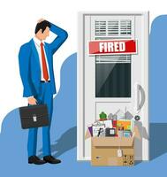 Dismiss employee, door with fired word plate and cardboard box with office items. Hiring and recruiting. Human resources management concept searching professional staff work. Flat vector illustration