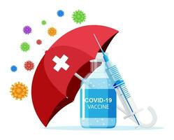 Vaccination against coronavirus. Time to vaccinate, concept. Medical syringe injection vaccination. Umbrella protect against corona virus, cell models, Health care. Flat vector illustration