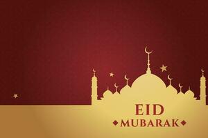 eid al-fitr mubarak greeting card with mosque and arabic text vector