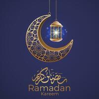 Ramadán kareem saludo tarjeta con linterna y creciente en azul antecedentes vector