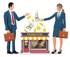 Franchise business for sale. Franchising shop building or commercial property. Real estate business promotional, sme startup crowdfunding. Selling buying new business. Flat vector illustration