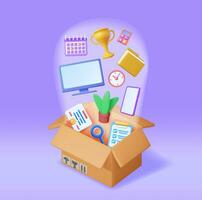 3D Cardboard Box Full of Office Stuff. Render Concept of Moving to New Office. File Folder, Document Paper, Certificate, Calculator, Calendar, Clock, Trophy, Computer and Plant. Vector illustration