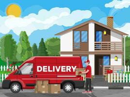 Loader unloads the goods from van. Fast and free delivery service in city. Courier with parcel box. Male mover, paper cardboard boxes with goods. Cargo and logistic. Cartoon flat vector illustration