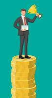 Businessman holding trophy, showing award certificate celebrates his victory. Stacks of golden coins. Business success triumph goal achievement. Winning of competition. Flat vector illustration