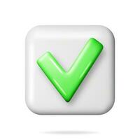 3D Right Button in Square Shape. Green Yes or Correct Sign Render. Green Checkmark Tick Represents Confirmation. Right Choice Concept. Agreement, Approval or Trust Symbol. Vector Illustration