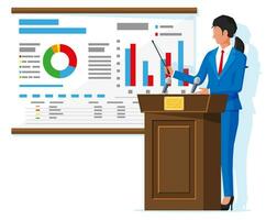 Businesswoman in suit giving presentation with projector screen. TV screen with financial report and lecturer. Training staff, meeting, report, business school. Vector illustration in flat style