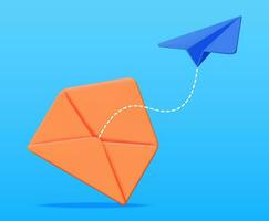 3D Mail Envelope and Paper Plane Isolated. Paper Letter and Origami Airplane. New or Unread Email. Message, Contact Letter and Document. Social Media and Online Messaging. Vector Illustration