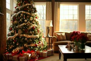 Cosy living room with beautiful christmas tree and red gifts in modern interior. Interior of living room decorated for merry christmas with socks, gift boxes and christmas accessories by AI Generated photo