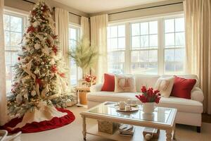 Cosy living room with beautiful christmas tree and red gifts in modern interior. Interior of living room decorated for merry christmas with socks, gift boxes and christmas accessories by AI Generated photo