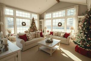 Cosy living room with beautiful christmas tree and red gifts in modern interior. Interior of living room decorated for merry christmas with socks, gift boxes and christmas accessories by AI Generated photo