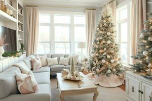 Cosy living room with beautiful christmas tree and red gifts in modern interior. Interior of living room decorated for merry christmas with socks, gift boxes and christmas accessories by AI Generated photo