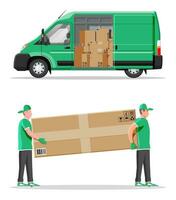 Delivery van full of cardboard boxes isolated on white. Express delivering services commercial truck. Concept of fast and free delivery by car. Cargo and logistic. Cartoon flat vector illustration