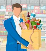 Supermarket store interior with goods. Big shopping mall. Interior store inside. Customer with bag full of food. Grocery, drinks, fruits, dairy products. Vector illustration in flat style