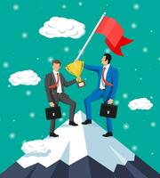 Two businessmans standing on top of mountain with flag and trophy. Symbol of victory, successful mission, goal and achievement. Trials and testing. Win, business success. Flat vector illustration