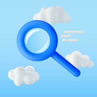 3D Blue Magnifying Glass in Clouds. Render Plastic Cartoon Zoom Lens. Loupe Tool Icon. Discovery, Analysis, Research, Investigation, Cloud Network and Social Media Search Concept. Vector Illustration