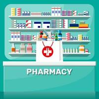 Modern interior of pharmacy. Medicine pills capsules bottles vitamins and tablets. Drugstore showcase. Shelves with medicines. Medical drug, vitamin, antibiotic healthcare. Flat vector illustration