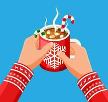 Coffee mug with marshmallows and candy cane in hand. Christmas hot drink with desserts. Hot chocolate, cup of coffee cocoa. New year, merry christmas holiday xmas celebration. Flat vector illustration