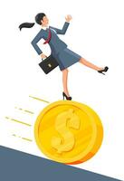 mujer de negocios corriendo lejos desde grande deuda dorado moneda peso. negocio mujer con maletín y dólar moneda. impuesto, deuda, tarifa, crisis y bancarrota. vector ilustración en plano estilo