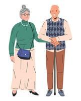 Cute Eldery Couple Isolated. Happy Grandparents in Love. Grand Parents Characters. Eldery Couple Holding Hands. Fashion Seniors People, Man and Woman. Cartoon Flat Vector Illustration