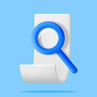 3D Paper Document with Magnifying Glass Isolated. Analysis of Sheet Scroll with Loupe. Focus Research and Data Monitoring. Discovery, Analysis, Research, Investigation, Search. Vector Illustration