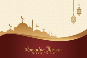 Ramadan eid al-fitr mubarak greeting card with lanterns and arabic call vector