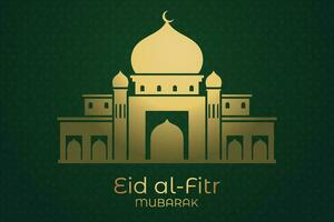 eid Mubarak saludo tarjeta con dorado mezquita y Arábica texto vector