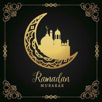 Ramadán Mubarak saludo tarjeta con dorado creciente y mezquita en negro antecedentes vector