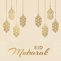 eid mubarak greeting card with hanging lamps vector
