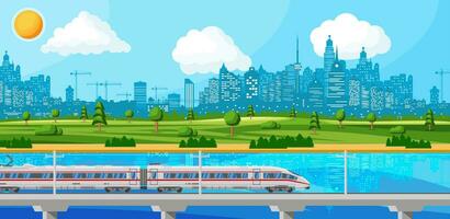 Skytrain and Landscape with Cityscape. Super Streamlined Train. Passenger Express Railway Locomotive. Monorail Railroad Public Transportation. Rapid Transport Subway. Flat Vector Illustration