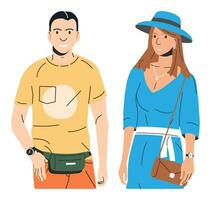 mujer en sombrero y hombre en pantalones cortos aislado. Moda niña con bolso en largo vestido. de moda hombre en casual ropa con cintura bolsa. de moda estilo de vida. plano vector ilustración