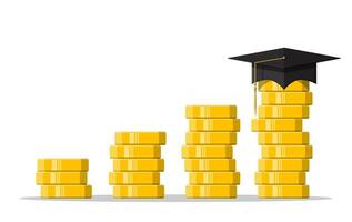 graduación gorra y oro moneda. educación ahorros y inversión concepto. académico y colegio conocimiento. vector ilustración en plano estilo