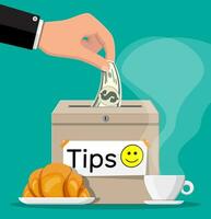 Tip box full of cash and cup of coffee with croissant. Thanks for the service. Money for servicing. Good feedback or donation. Gratuity concept. Vector illustration in flat style