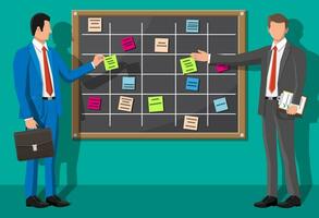 Scrum agile board and businessman. Bulletin board hanging on wall full of tasks on sticky note cards. List of event for employee. Development, team work, agenda, to do list. Flat vector illustration