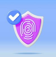 3D Fingerprint in Shield with Checkmark. Render Shield with Finger Print. Computer Data Protection Security and Confidentiality. User Login Biometric Authorization. Vector Illustration