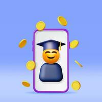 3D Happy Smiling Emoticon in Graduate Cap in Phone. Render Smartphone with Smile Student in Graduation Hat. Mortarboard Hat. Online Education Concept E-learning, Online Courses. Vector Illustration