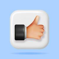 3D Thumbs Up Hand Gesture Button Isolated. Render Like Hand Symbol. Customer Rating or Vote Icons. Like or Love Button for Social Media and Mobile App. Cartoon Fingers Gestures. Vector Illustration