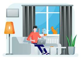 Interior of modern living room. Man working on laptop. Sofa, plant, desk, lamp. Cat sitting on window with curtains. Home decor in minimalistic design. Flat style vector