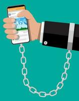 Mans hand chained and shackled to mobile smart phone. Addiction from gadget with social media. Addicted to social networks, chatting and messaging. Vector illustration in flat style