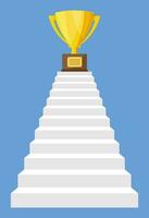 Golden trophy on ladder of success. Award, victory, goal, champion achievement. Business success, triumph, goal. Growth in career. Winning of competition. Vector illustration flat style