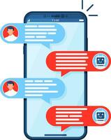 Chatting on Smartphone with Chat Bot Robot Isolated. Man Chatting with Chatbot on Phone. Chat Messages Notification on Screen. AI Chatbot, Support, Customer Service concept. Flat Vector Illustration