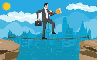 Businessman in suit walking on rope with suitcase and folder. Business man walking on tightrope gap. Obstacle on road, financial crisis. Risk management challenge. Vector illustration in flat style