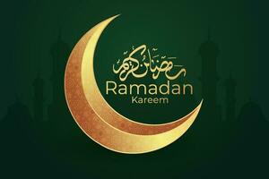 ramadan kareem greeting card with gold crescent and lanterns vector