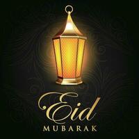 eid mubarak greeting card with lantern on black background vector