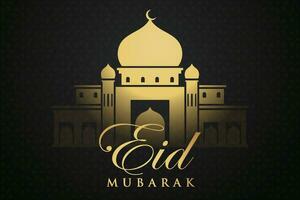 eid Mubarak saludo tarjeta con dorado mezquita y Arábica texto vector