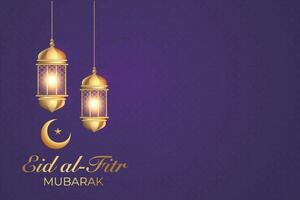 eid al-fitr mubarak greeting card with lanterns and crescent vector