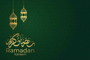 Ramadán kareem saludo tarjeta con oro creciente y linternas vector