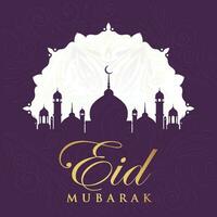 eid Mubarak saludo tarjeta con mezquita y Arábica texto vector