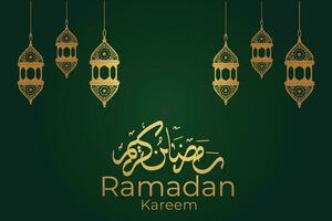 ramadan kareem greeting card with gold crescent and lanterns vector