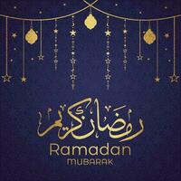 Ramadán Mubarak saludo tarjeta con Arábica caligrafía diseño en oscuro azul antecedentes vector