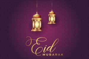 Ramadan eid al-fitr mubarak greeting card with lanterns and arabic call vector